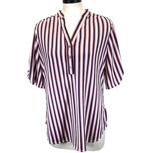 Per Seption Concepts Blouse Women's XL Striped Short Roll Tab Sleeve V-Neck Top